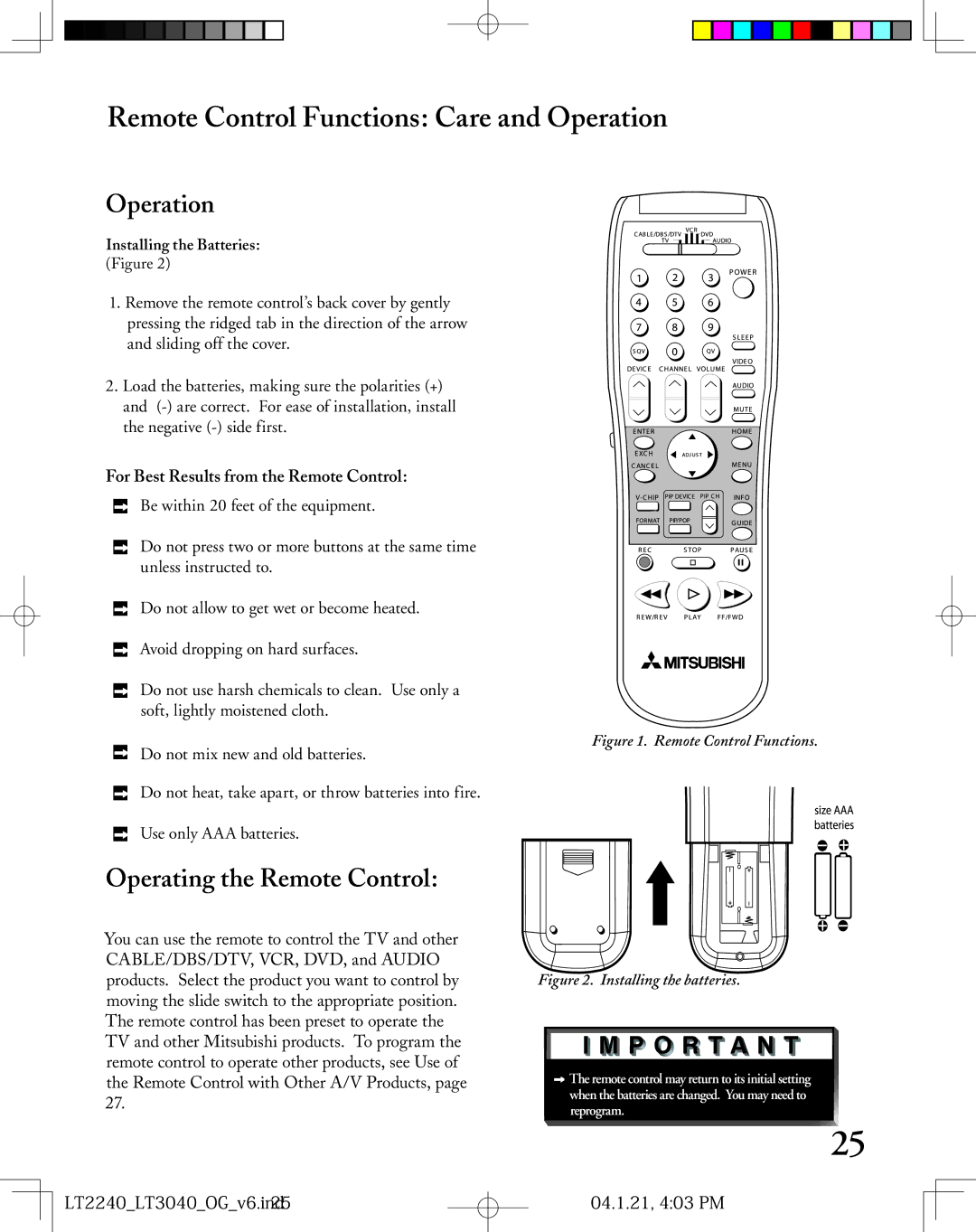 Mitsubishi Electronics LT-2240, LT-3040 manual Remote Control Functions Care and Operation, Operating the Remote Control 