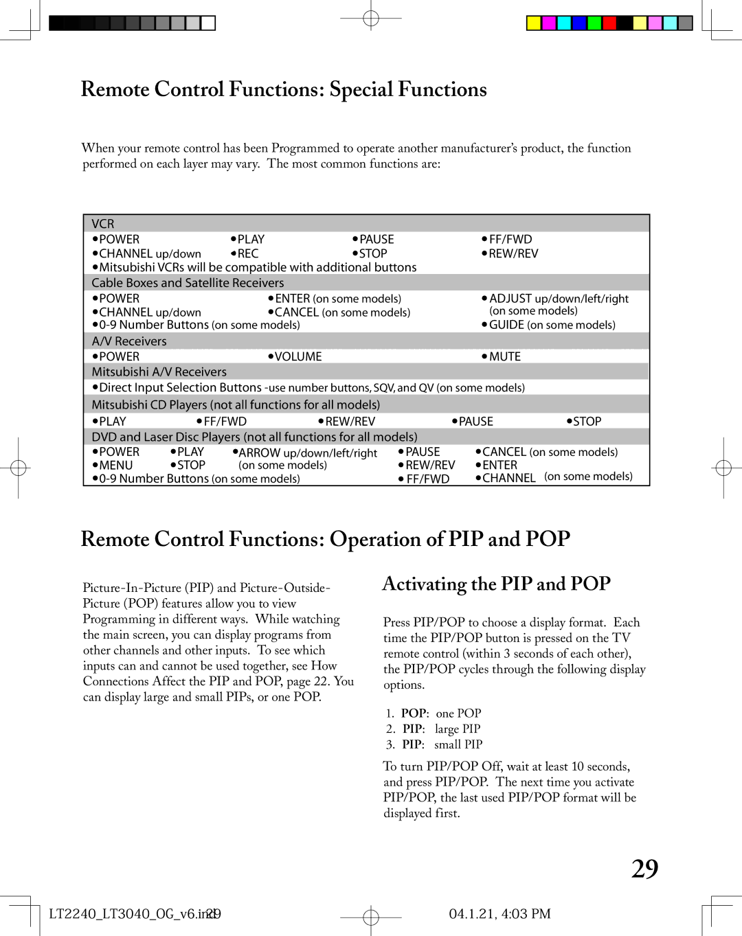 Mitsubishi Electronics LT-2240, LT-3040 manual Remote Control Functions Special Functions, Activating the PIP and POP 