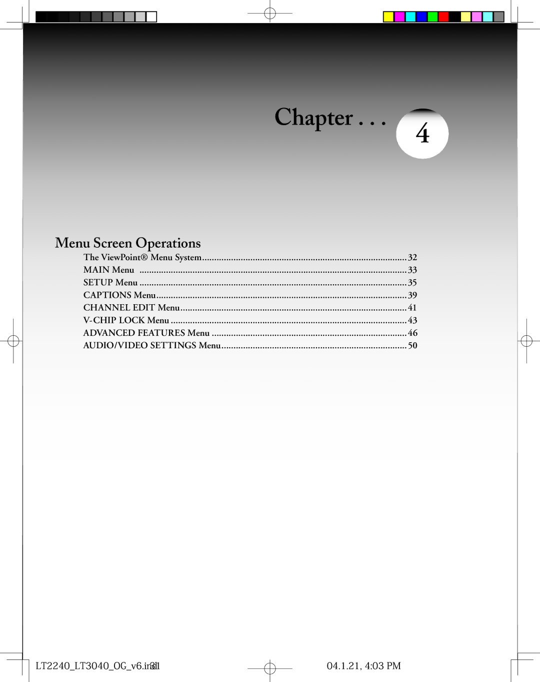 Mitsubishi Electronics LT-2240 Menu Screen Operations, AUDIO/VIDEO Settings Menu, LT2240LT3040OGv6.ind31 04.1.21, 403 PM 