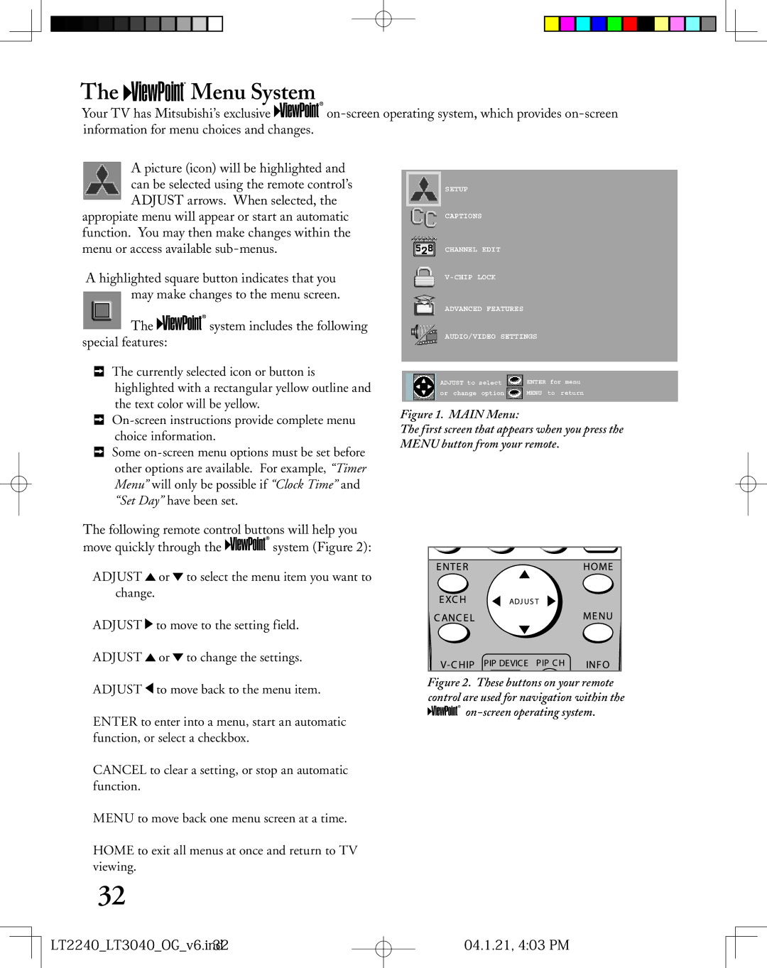 Mitsubishi Electronics LT-3040, LT-2240 manual Menu System, LT2240LT3040OGv6.ind32 04.1.21, 403 PM 