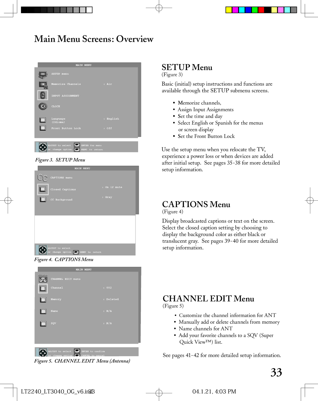 Mitsubishi Electronics LT-2240, LT-3040 manual Main Menu Screens Overview, Setup Menu, Captions Menu, Channel Edit Menu 