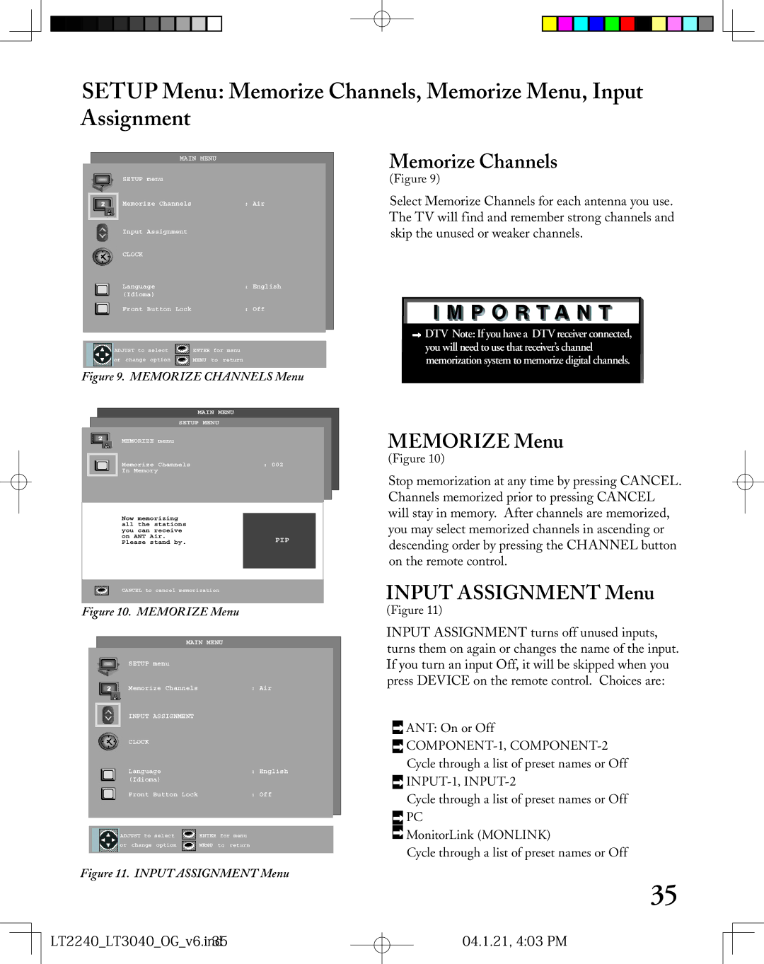 Mitsubishi Electronics LT-2240, LT-3040 manual Memorize Channels, Memorize Menu, Input Assignment Menu 