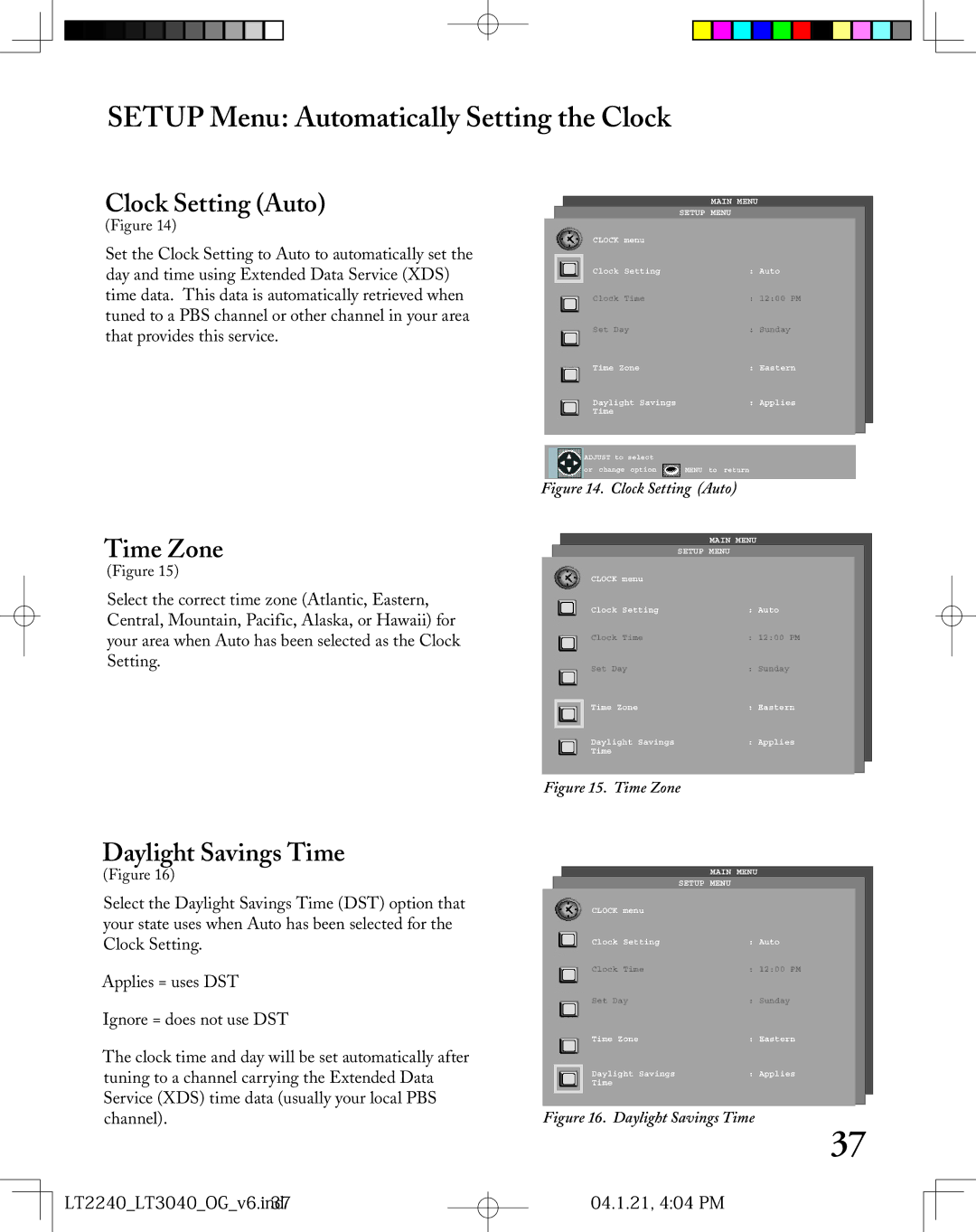 Mitsubishi Electronics LT-2240, LT-3040 manual Setup Menu Automatically Setting the Clock, Clock Setting Auto, Time Zone 