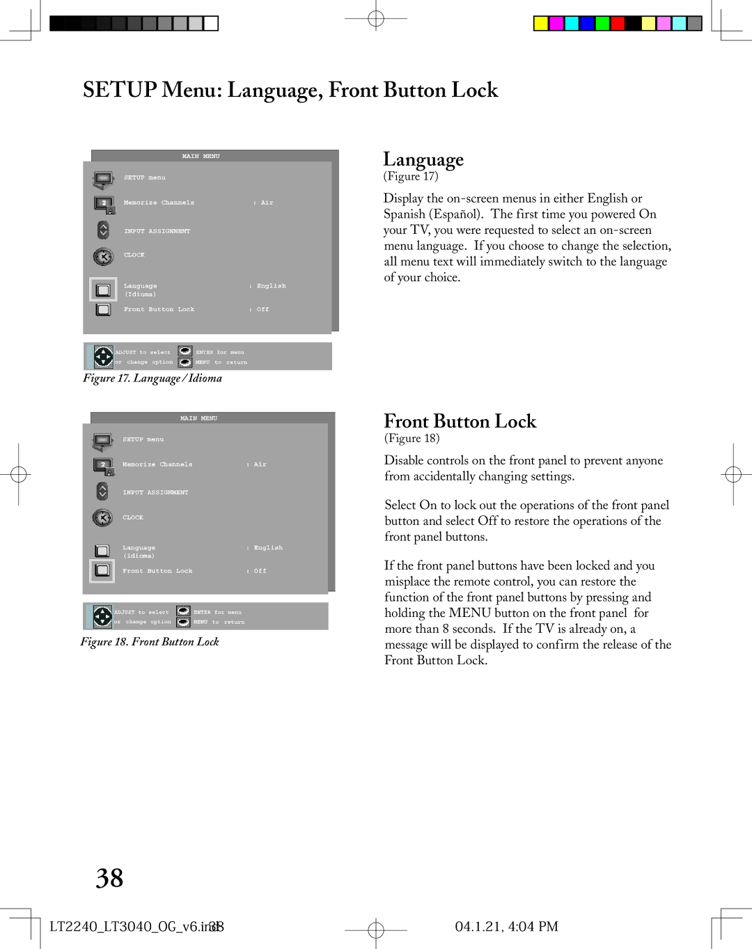 Mitsubishi Electronics LT-3040, LT-2240 manual Setup Menu Language, Front Button Lock 