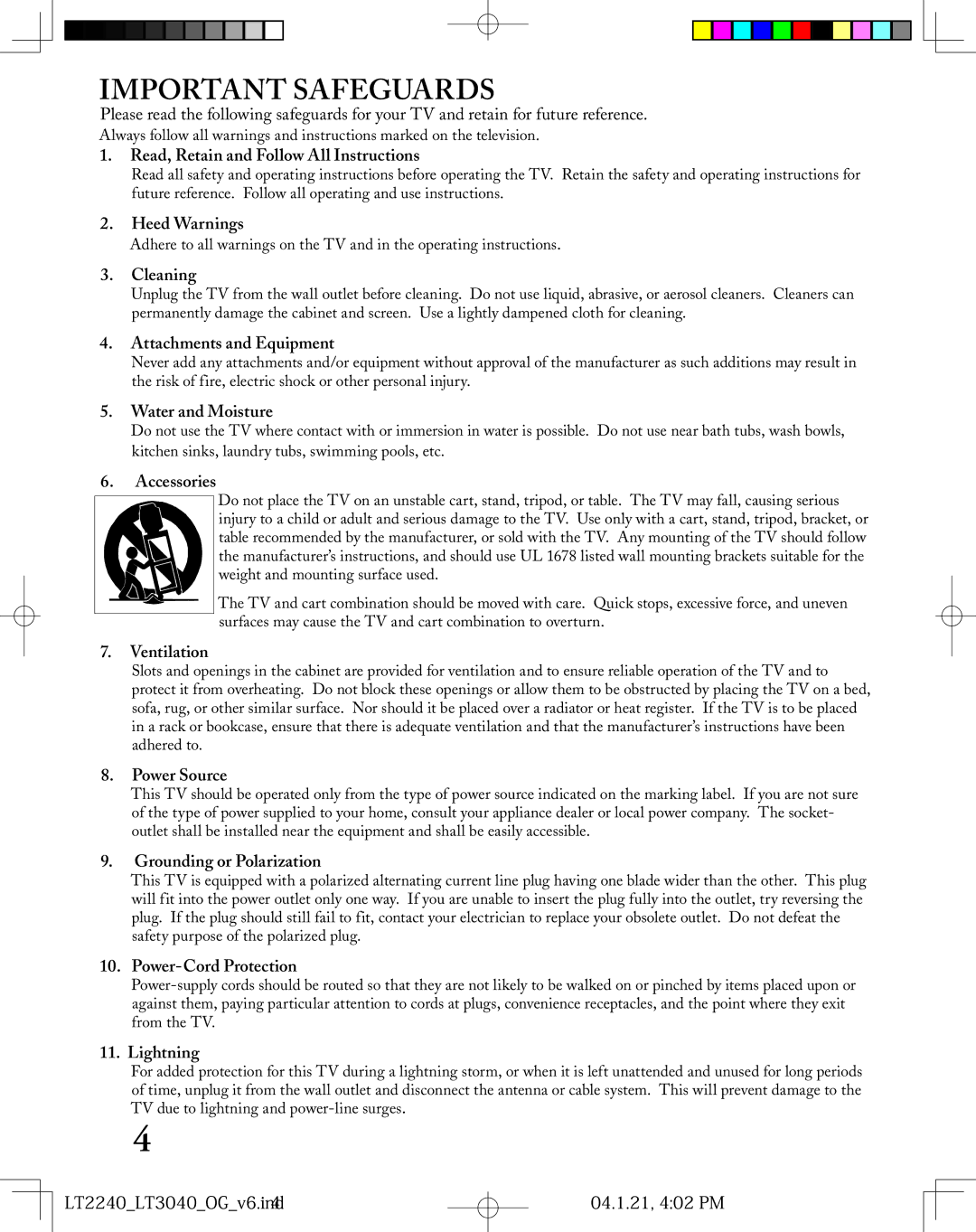 Mitsubishi Electronics LT-3040 manual Read, Retain and Follow All Instructions, Heed Warnings, Cleaning, Water and Moisture 