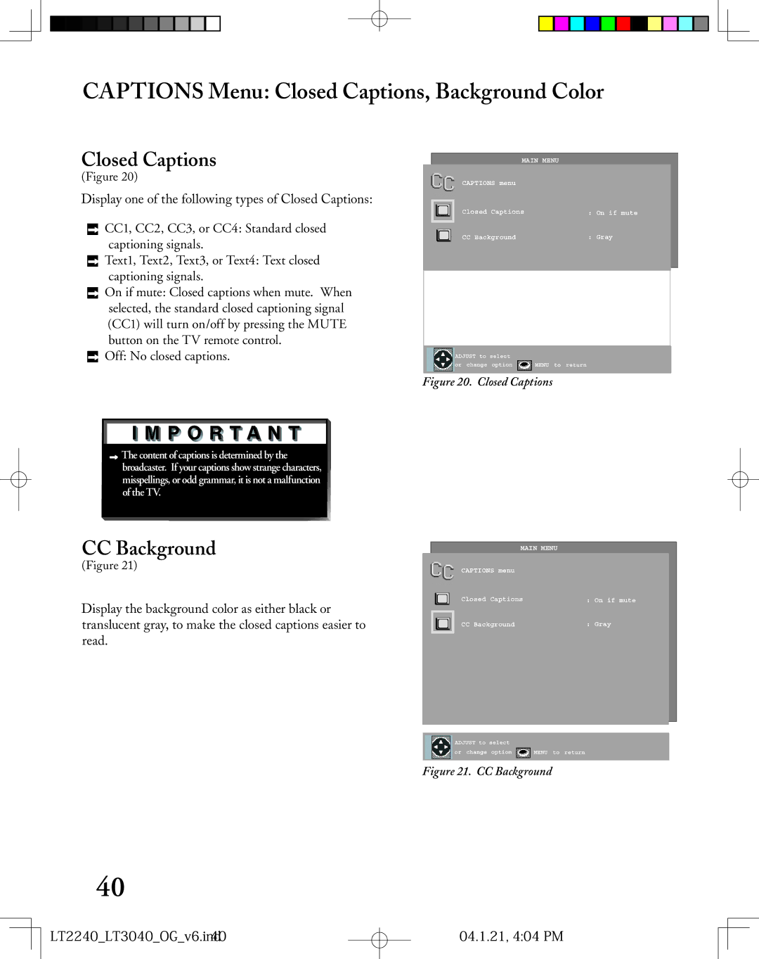 Mitsubishi Electronics LT-3040 Captions Menu Closed Captions, Background Color, CC Background, Off No closed captions 