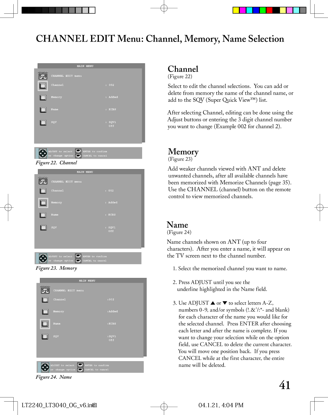 Mitsubishi Electronics LT-2240 Channel Edit Menu Channel, Memory, Name Selection, LT2240LT3040OGv6.ind41 04.1.21, 404 PM 