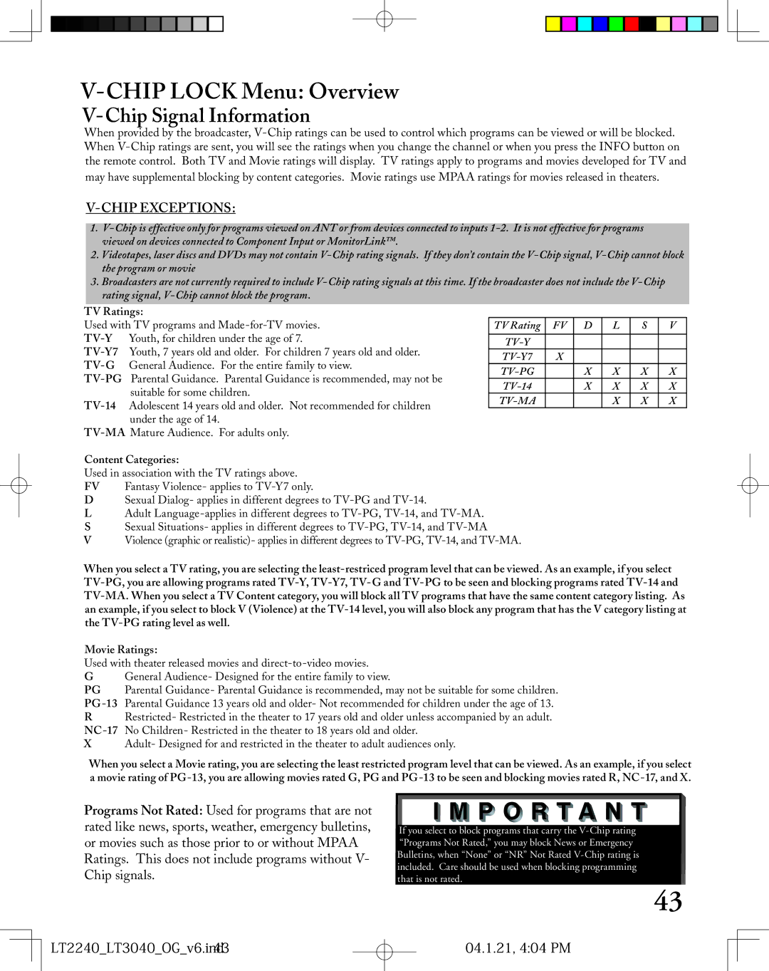 Mitsubishi Electronics LT-2240 Chip Lock Menu Overview, Chip Signal Information, LT2240LT3040OGv6.ind43 04.1.21, 404 PM 