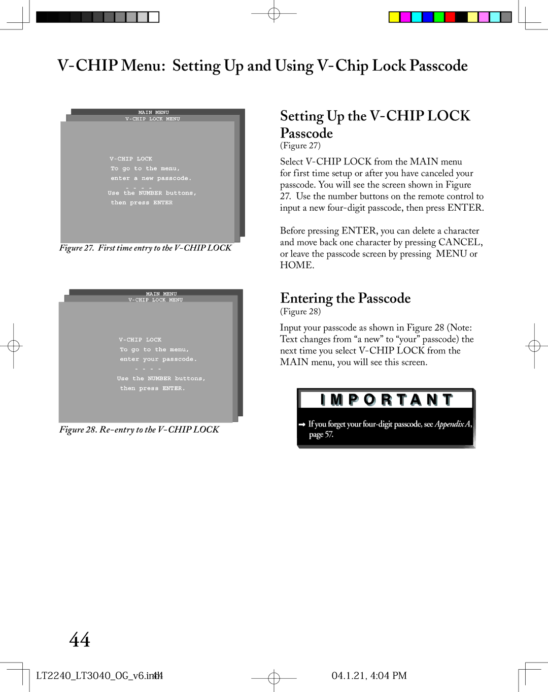 Mitsubishi Electronics LT-3040 Chip Menu Setting Up and Using V-Chip Lock Passcode, Setting Up the V-CHIP Lock Passcode 