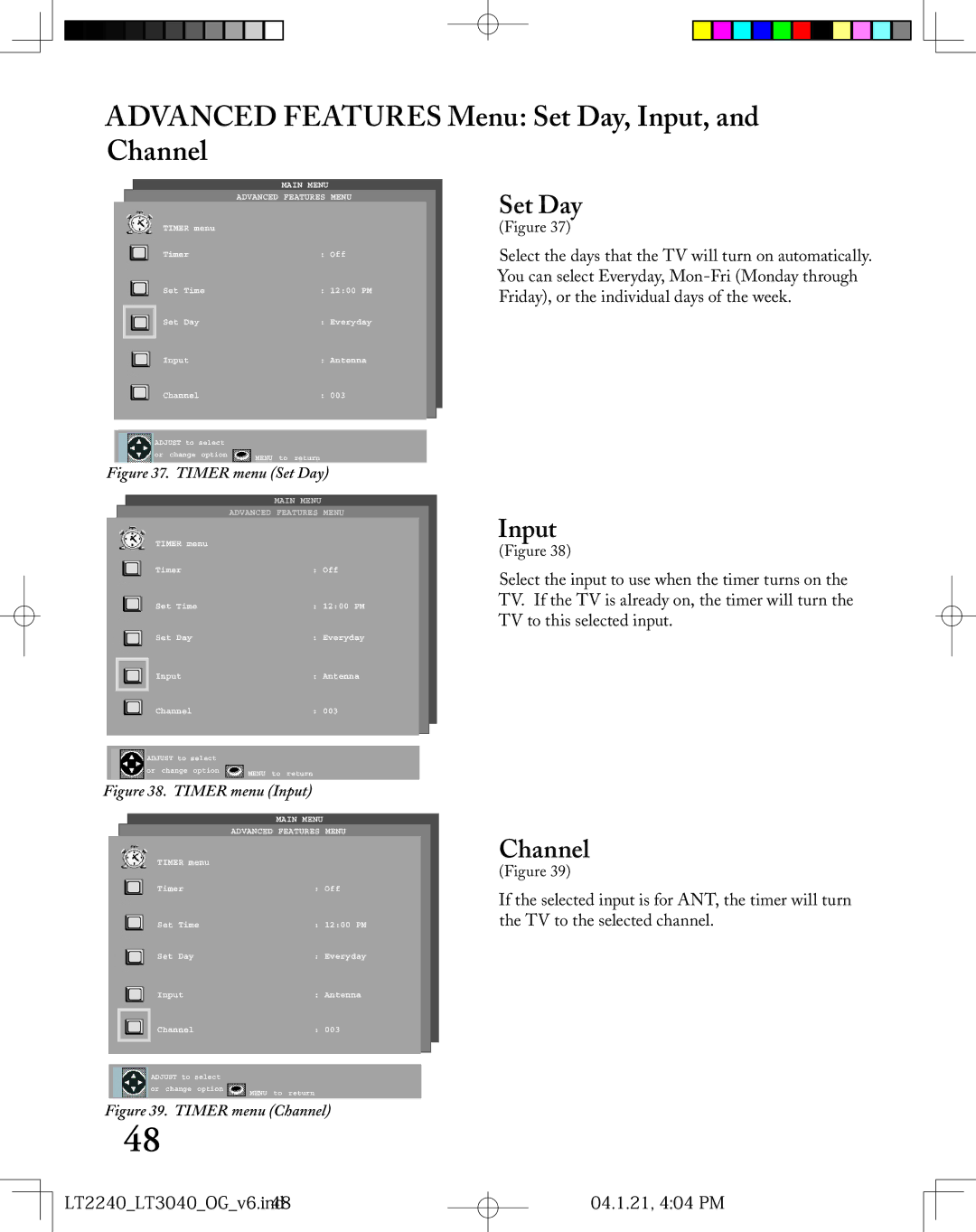 Mitsubishi Electronics LT-3040, LT-2240 manual Advanced Features Menu Set Day, Input, and Channel 