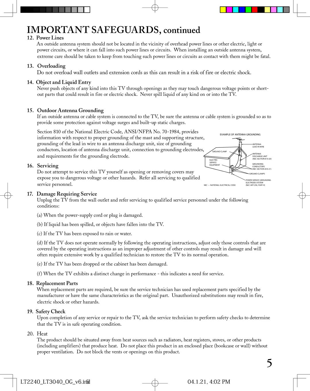 Mitsubishi Electronics LT-2240 Power Lines, Overloading, Object and Liquid Entry, Outdoor Antenna Grounding, Servicing 