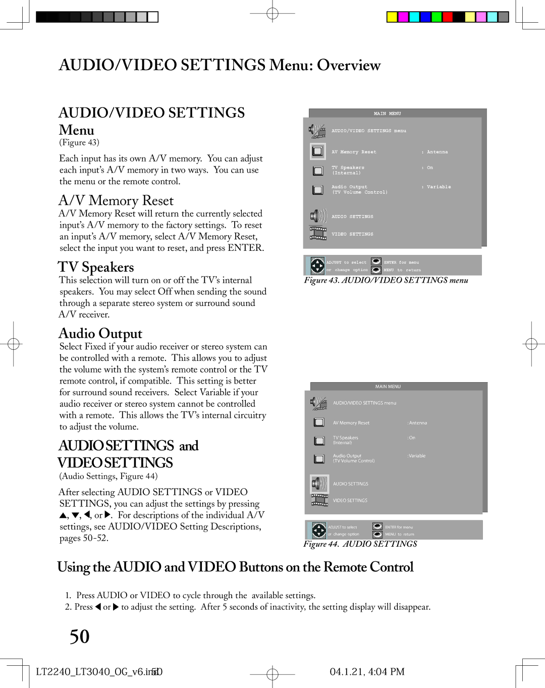 Mitsubishi Electronics LT-3040, LT-2240 manual AUDIO/VIDEO Settings Menu Overview, TV Speakers, Audio Output, Audiosettings 