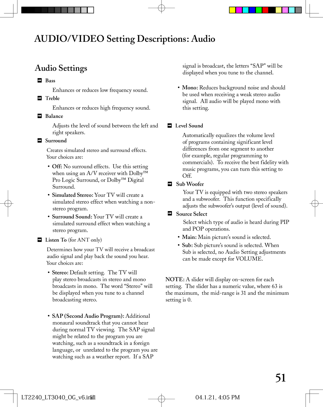 Mitsubishi Electronics LT-2240, LT-3040 manual AUDIO/VIDEO Setting Descriptions Audio, Audio Settings 