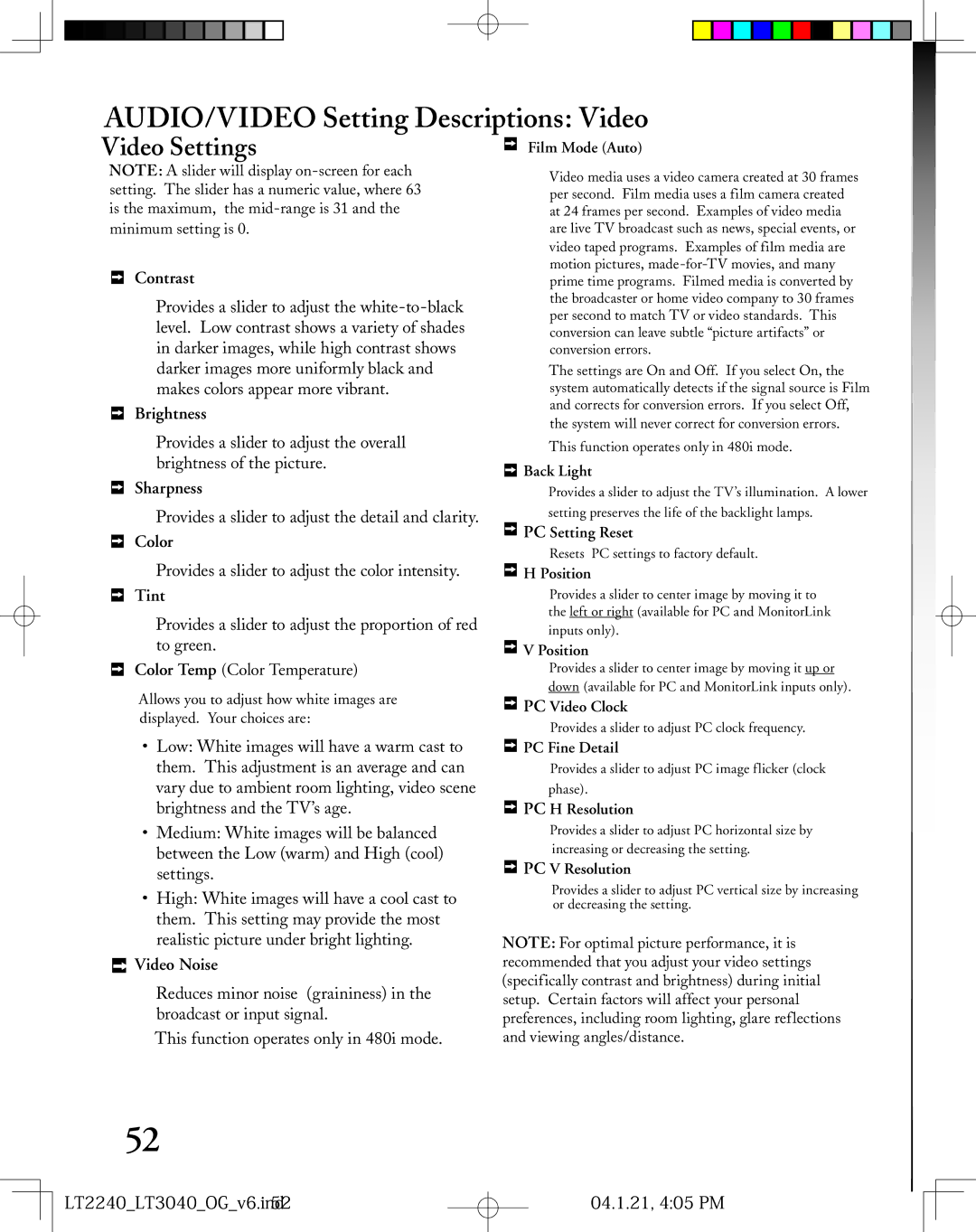 Mitsubishi Electronics LT-3040, LT-2240 manual AUDIO/VIDEO Setting Descriptions Video, Video Settings 