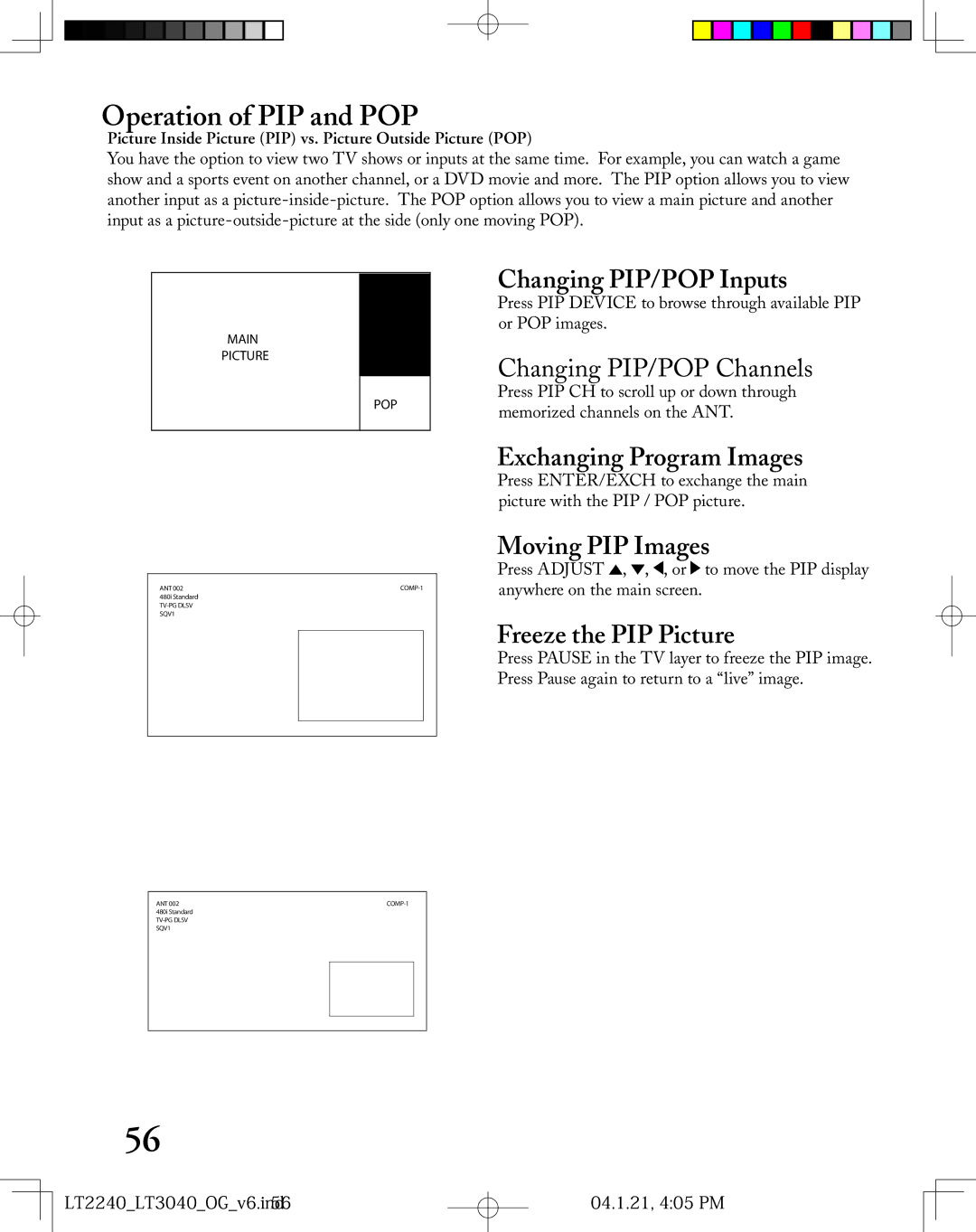 Mitsubishi Electronics LT-3040, LT-2240 manual Operation of PIP and POP, Changing PIP/POP Inputs, Exchanging Program Images 