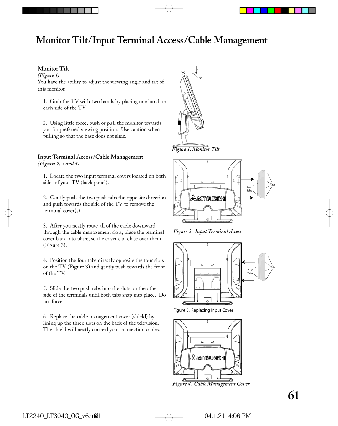 Mitsubishi Electronics LT-2240 Monitor Tilt/Input Terminal Access/Cable Management, LT2240LT3040OGv6.ind61 04.1.21, 406 PM 