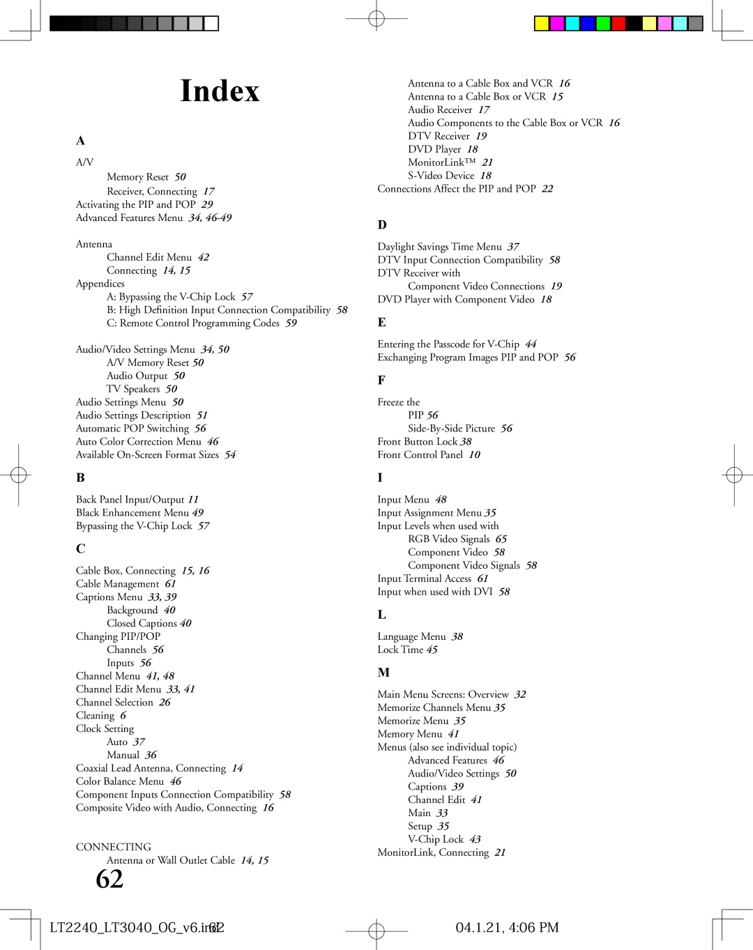 Mitsubishi Electronics LT-3040, LT-2240 manual Index, LT2240LT3040OGv6.ind62 04.1.21, 406 PM 