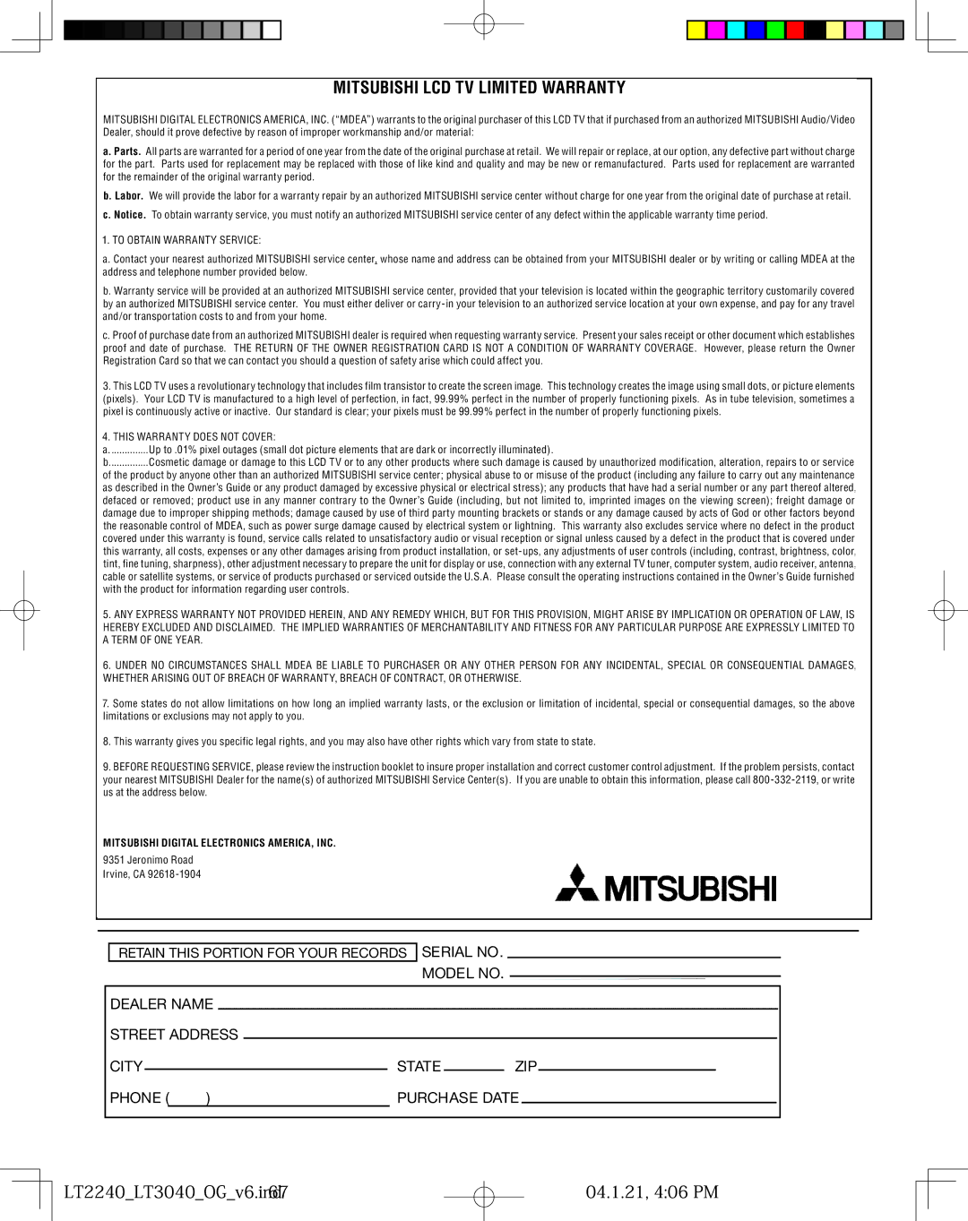 Mitsubishi Electronics LT-2240, LT-3040 manual Mitsubishi LCD TV Limited Warranty, LT2240LT3040OGv6.ind67 04.1.21, 406 PM 