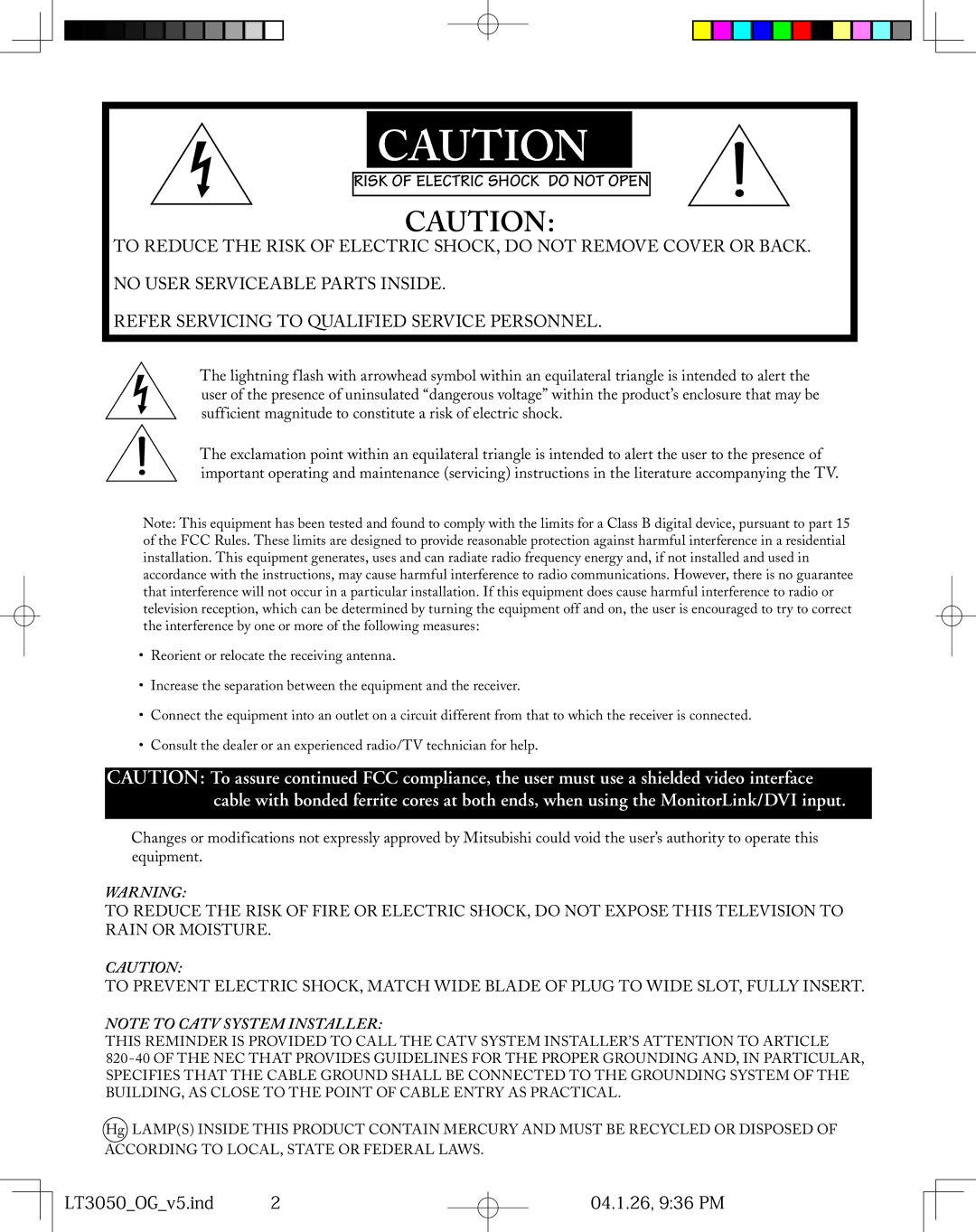 Mitsubishi Electronics LT-3050 manual Risk of Electric Shock do not Open, LT3050OGv5.ind 04.1.26, 936 PM 