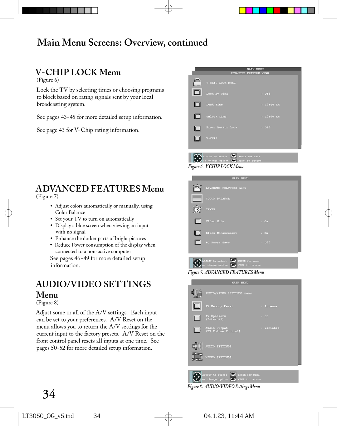 Mitsubishi Electronics LT-3050 manual Chip Lock Menu, Advanced Features Menu, AUDIO/VIDEO Settings Menu 