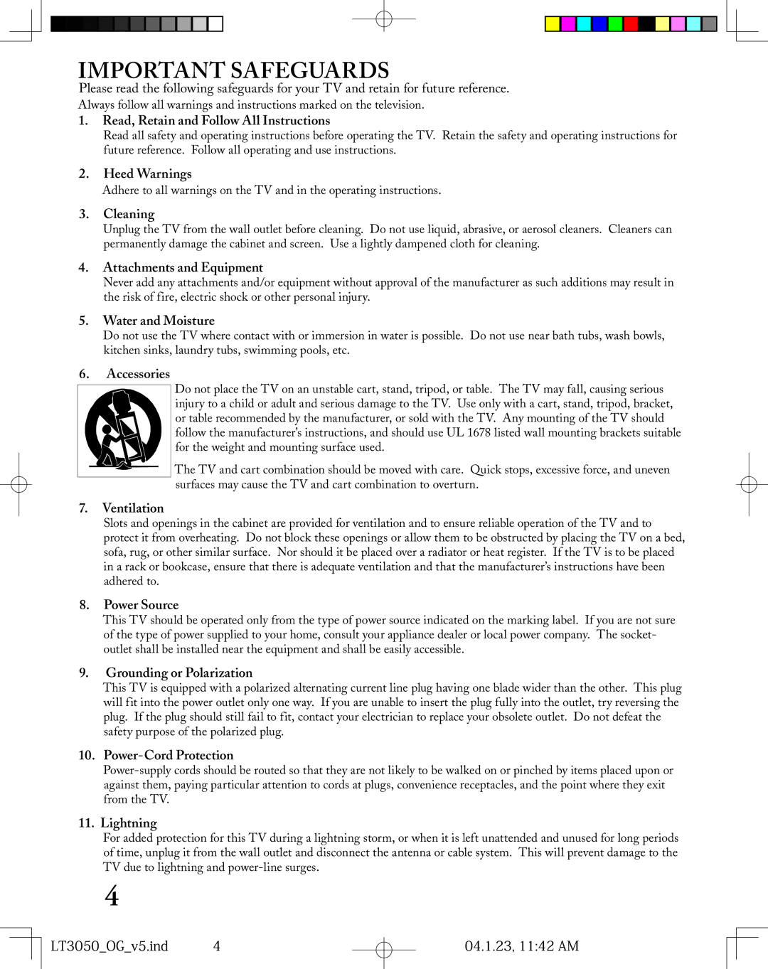 Mitsubishi Electronics LT-3050 manual Read, Retain and Follow All Instructions, Heed Warnings, Cleaning, Water and Moisture 