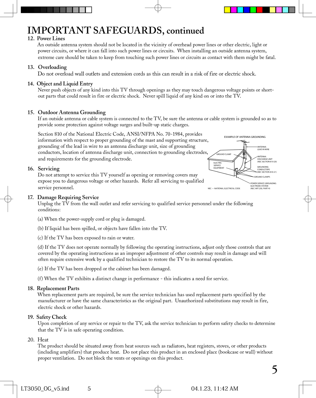 Mitsubishi Electronics LT-3050 Power Lines, Overloading, Object and Liquid Entry, Outdoor Antenna Grounding, Servicing 