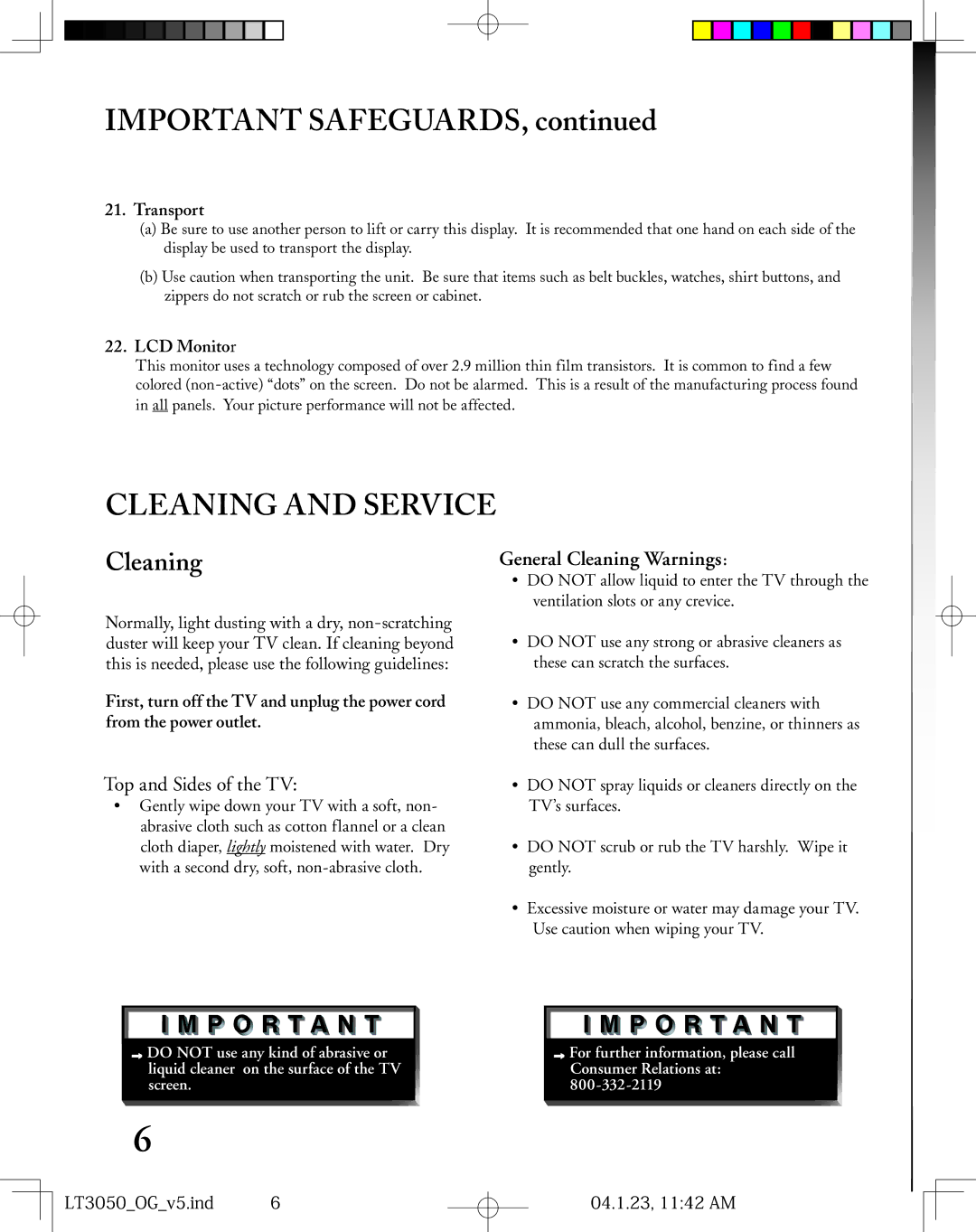 Mitsubishi Electronics LT-3050 manual Cleaning, Transport, LCD Monitor 