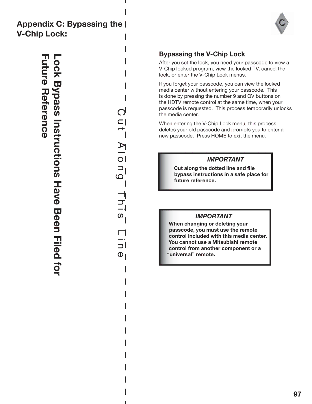 Mitsubishi Electronics LT-3780, LT-3280 manual Appendix C Bypassing the V-Chip Lock 