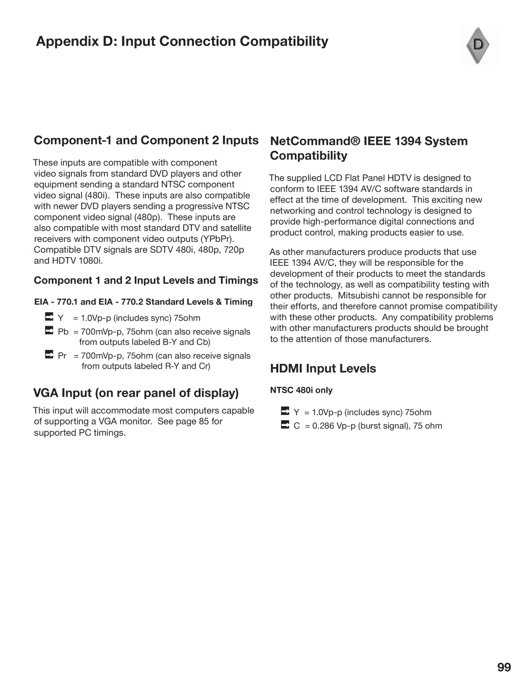 Mitsubishi Electronics LT-3780, LT-3280 manual Appendix D Input Connection Compatibility, Component-1 and Component 2 Inputs 