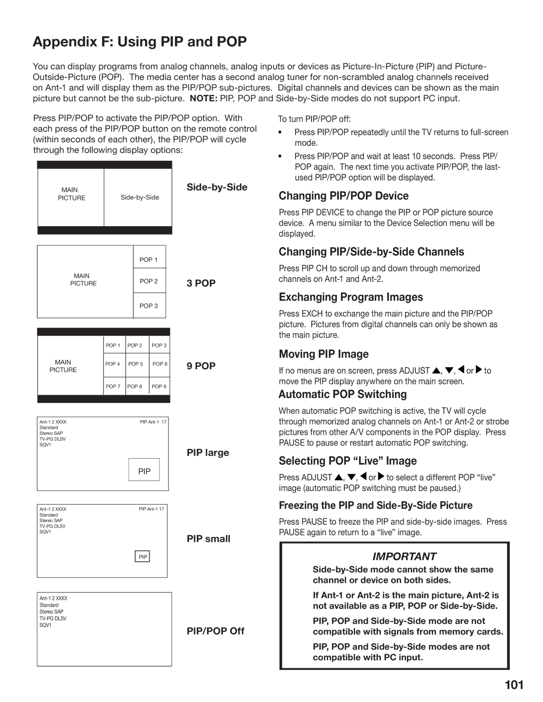 Mitsubishi Electronics LT-3780, LT-3280 manual Appendix F Using PIP and POP, 101 