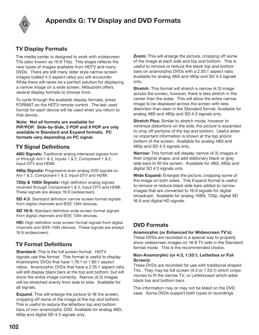 Mitsubishi Electronics LT-3280, LT-3780 manual Appendix G TV Display and DVD Formats, 102 