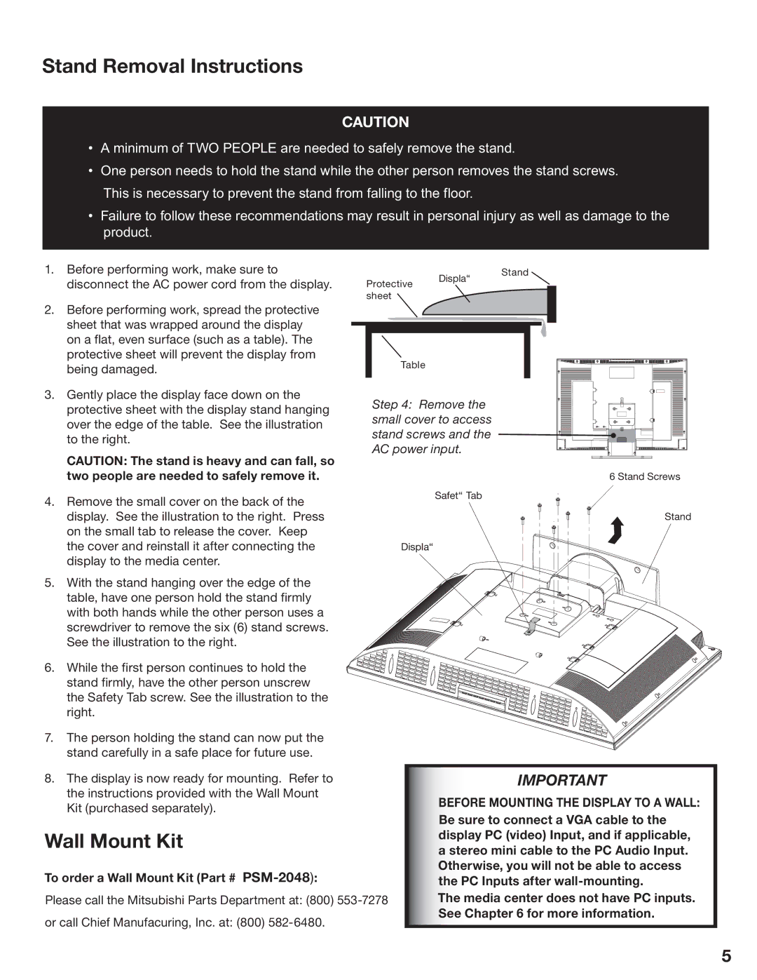 Mitsubishi Electronics LT-3780, LT-3280 manual Stand Removal Instructions, Wall Mount Kit 