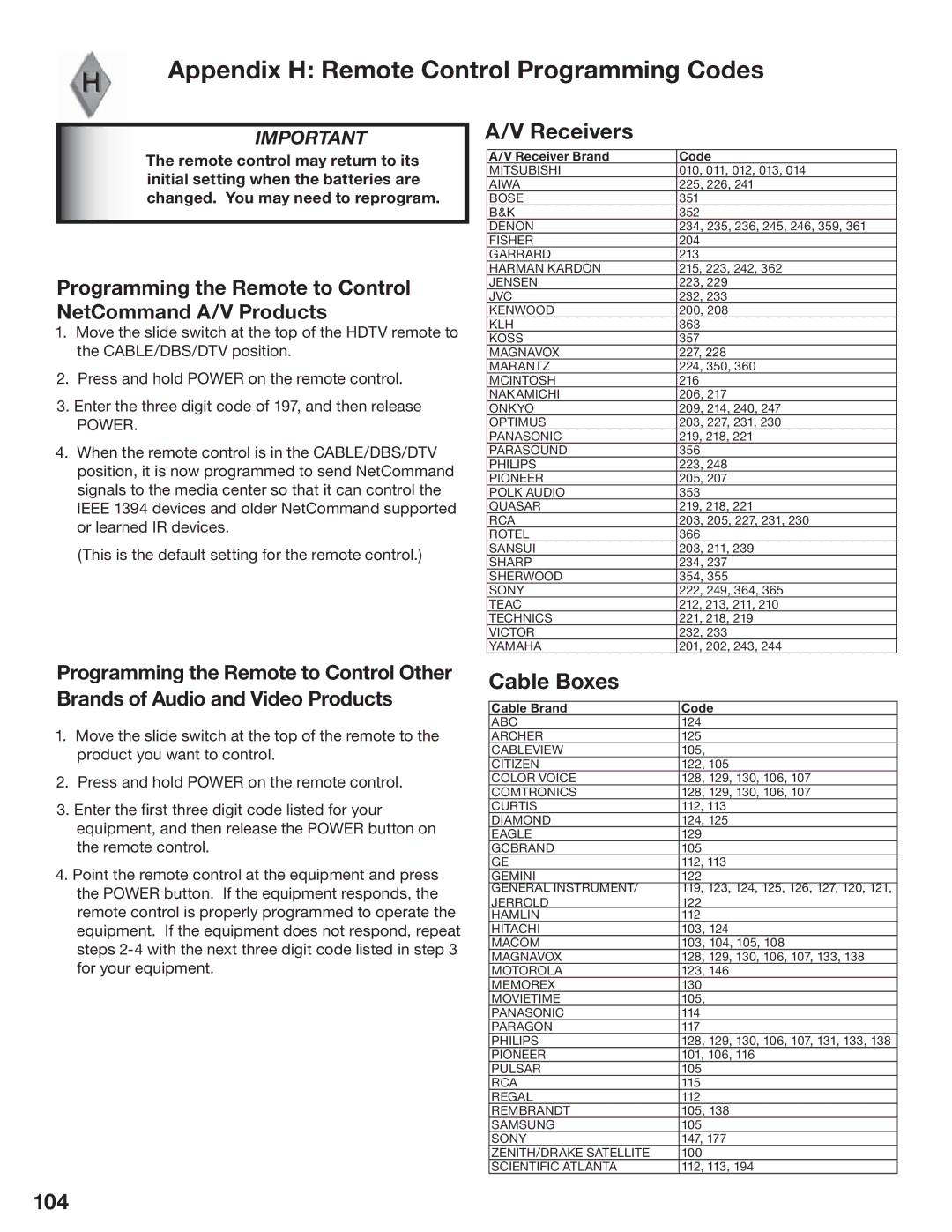 Mitsubishi Electronics LT-3280, LT-3780 manual Appendix H Remote Control Programming Codes, Receivers, Cable Boxes, 104 