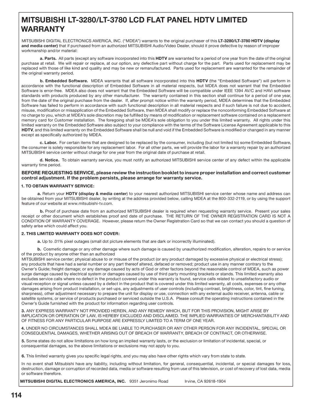 Mitsubishi Electronics LT-3280, LT-3780 manual 114, To Obtain Warranty Service 