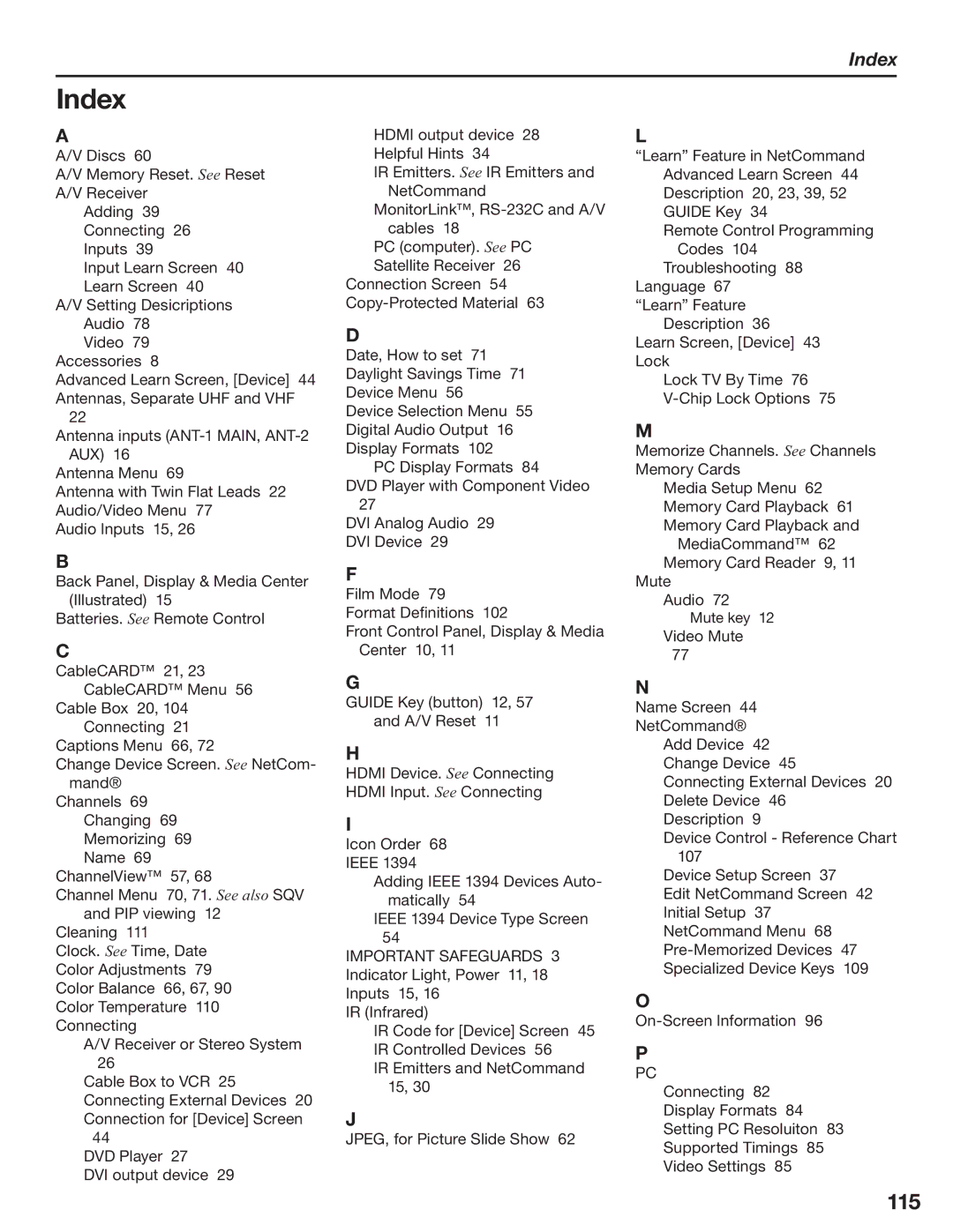 Mitsubishi Electronics LT-3780, LT-3280 manual Index, 115 