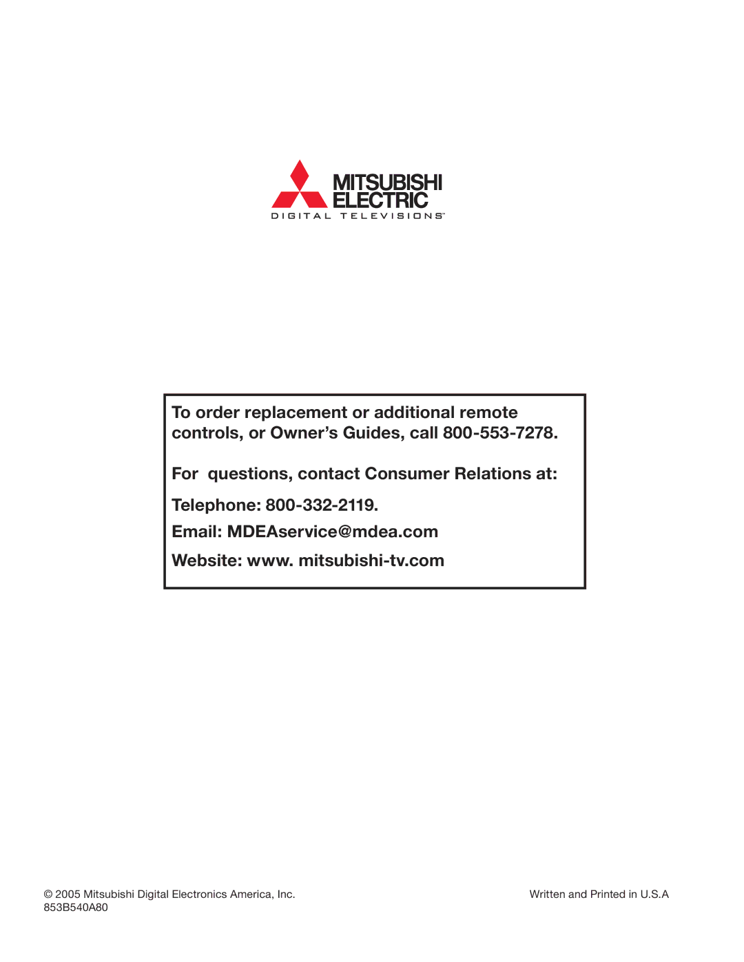 Mitsubishi Electronics LT-3280, LT-3780 manual Mitsubishi Digital Electronics America, Inc 853B540A80 