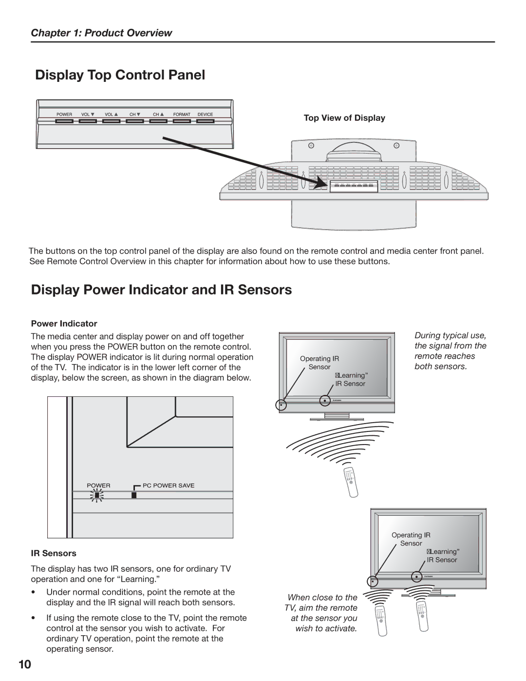 Mitsubishi Electronics LT-3280 Display Top Control Panel, Display Power Indicator and IR Sensors, Top View of Display 