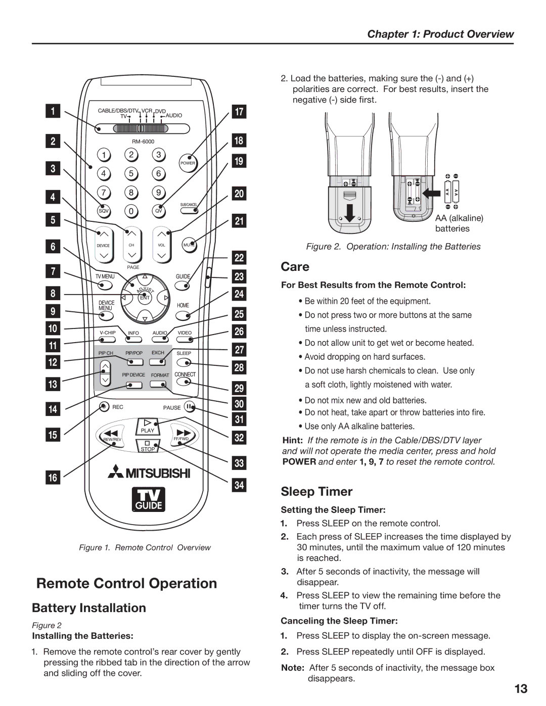 Mitsubishi Electronics LT-3780, LT-3280 manual Remote Control Operation, Battery Installation, Care, Sleep Timer 