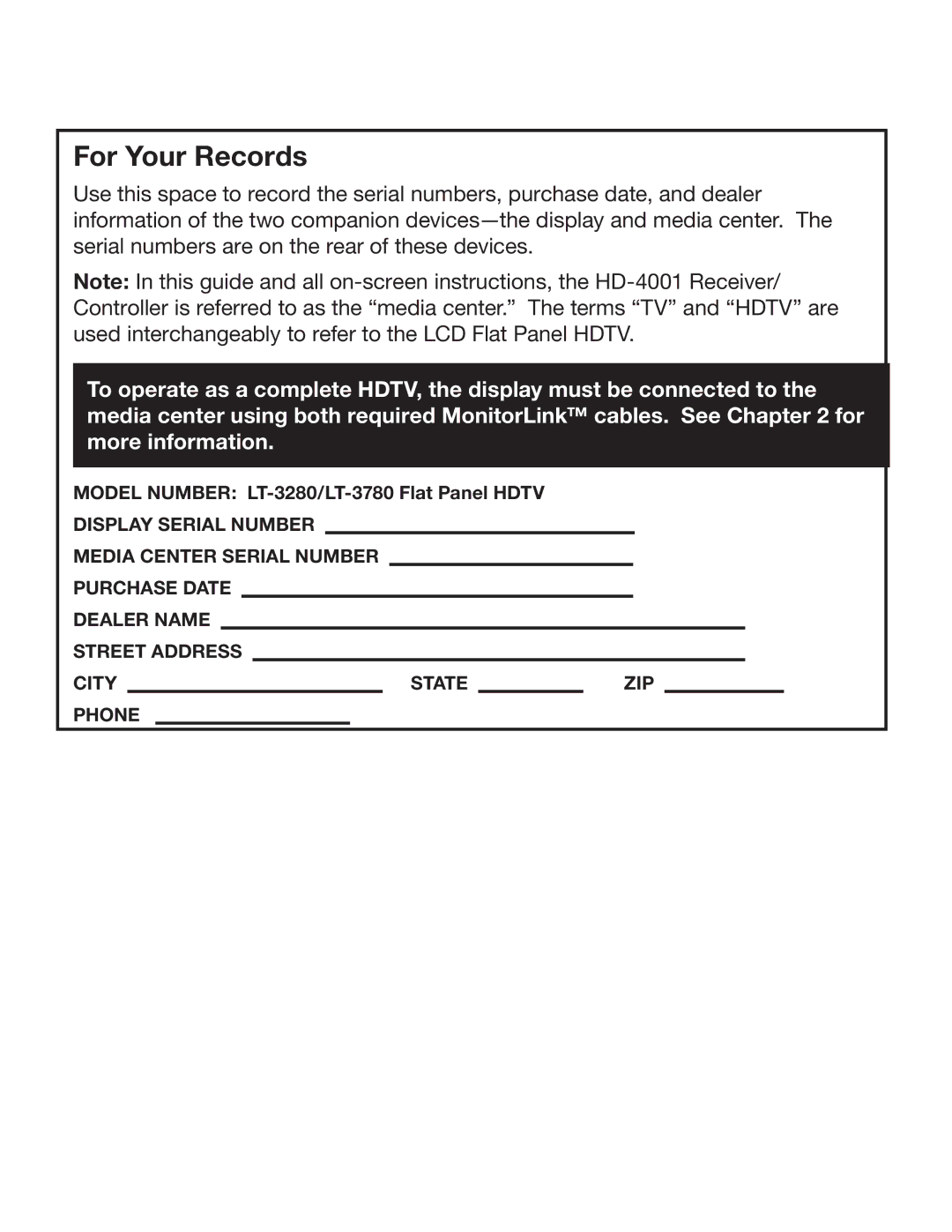 Mitsubishi Electronics manual For Your Records, Model Number LT-3280/LT-3780 Flat Panel Hdtv 