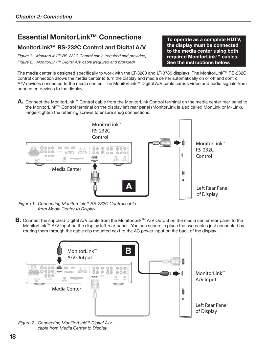 Mitsubishi Electronics LT-3280, LT-3780 Essential MonitorLink Connections, MonitorLink RS-232C Control and Digital A/V 