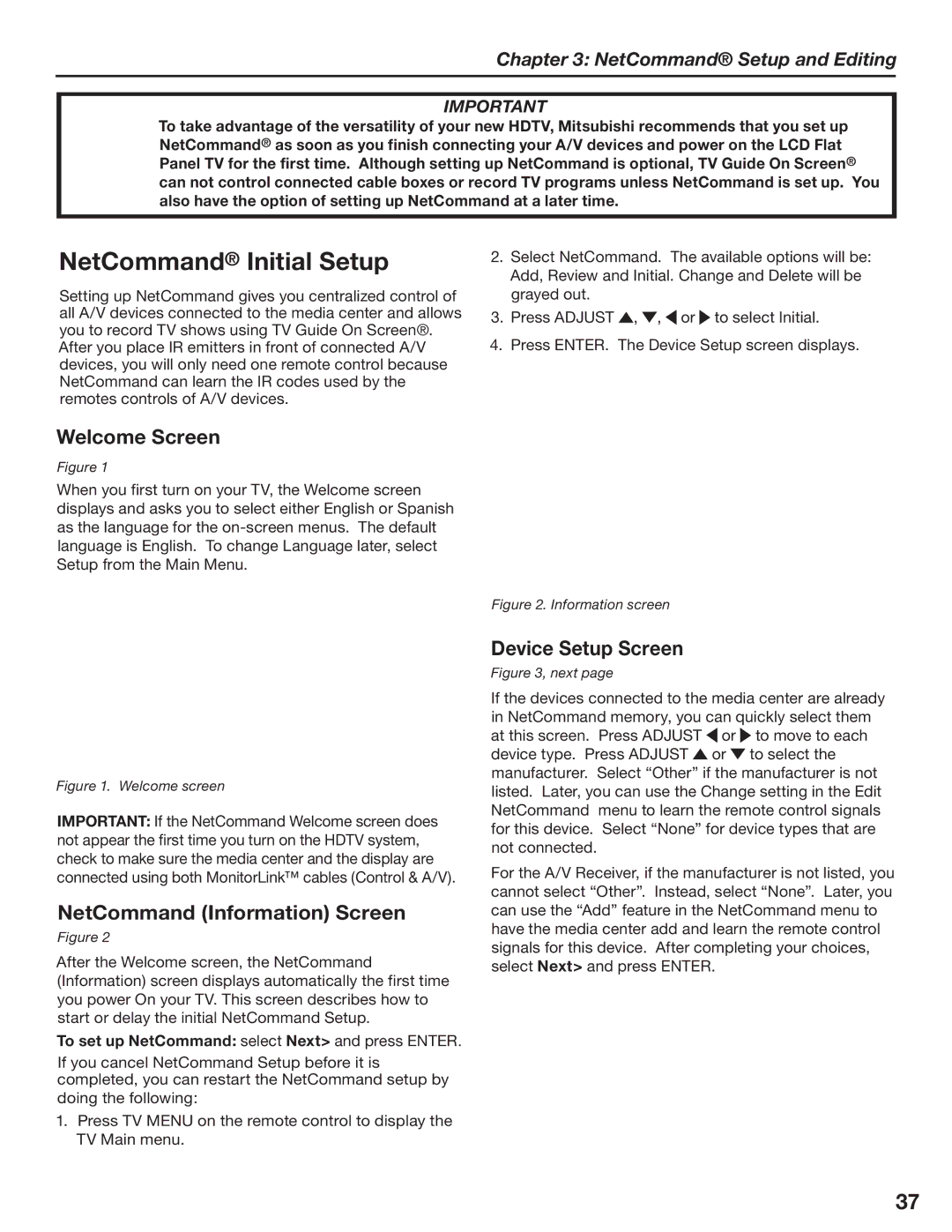 Mitsubishi Electronics LT-3780, LT-3280 manual NetCommand Initial Setup, Welcome Screen, NetCommand Information Screen 