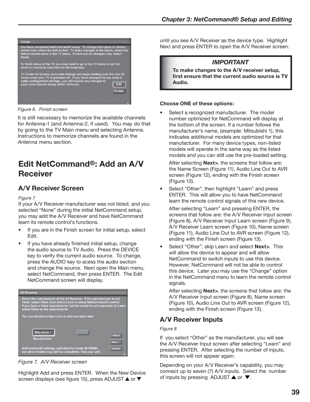 Mitsubishi Electronics LT-3780, LT-3280 manual Edit NetCommand Add an A/V Receiver, Receiver Screen, Receiver Inputs 