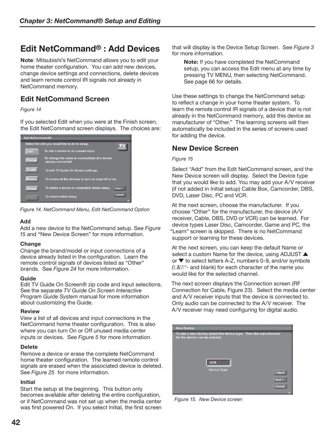 Mitsubishi Electronics LT-3280, LT-3780 manual Edit NetCommand Add Devices, Edit NetCommand Screen, New Device Screen 