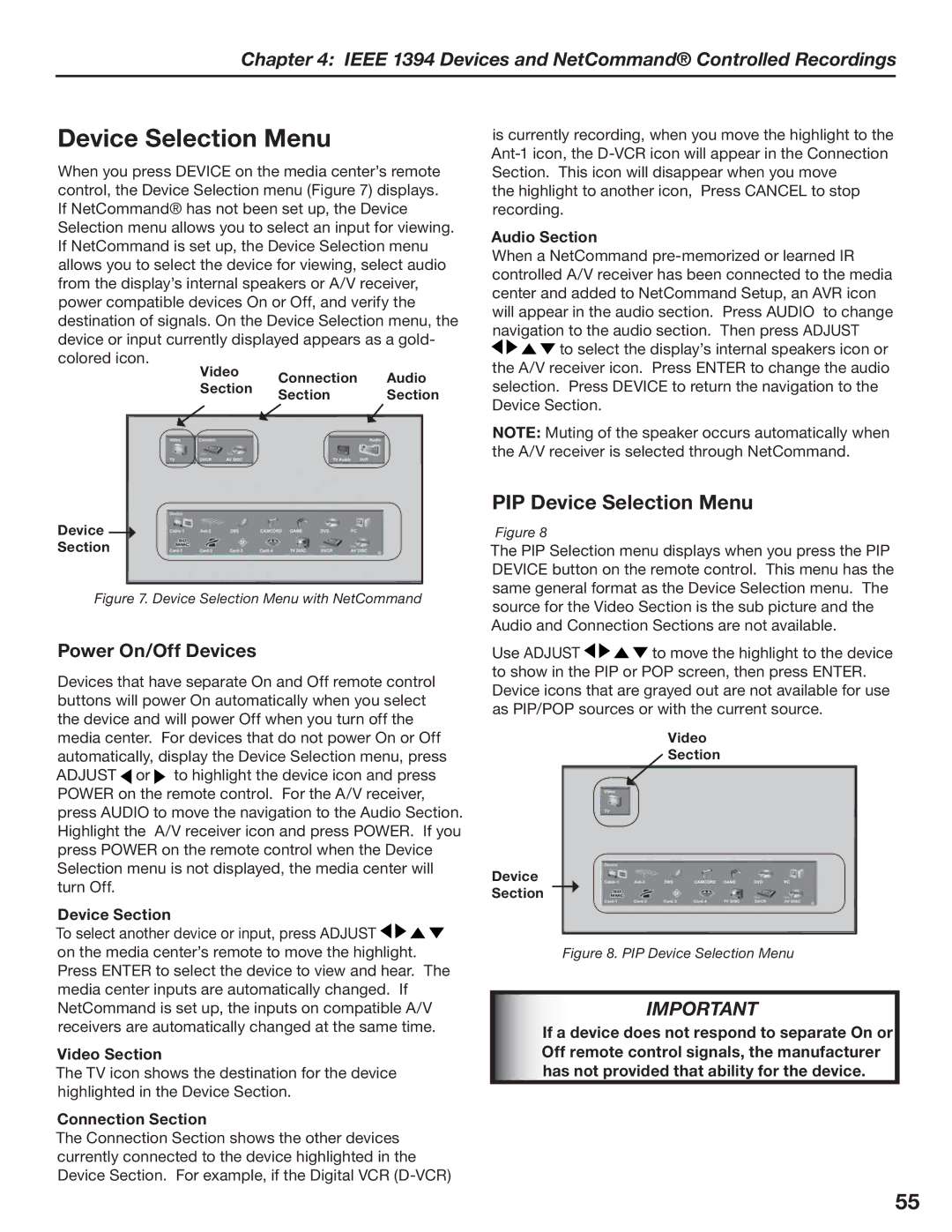 Mitsubishi Electronics LT-3780, LT-3280 manual PIP Device Selection Menu, Power On/Off Devices 