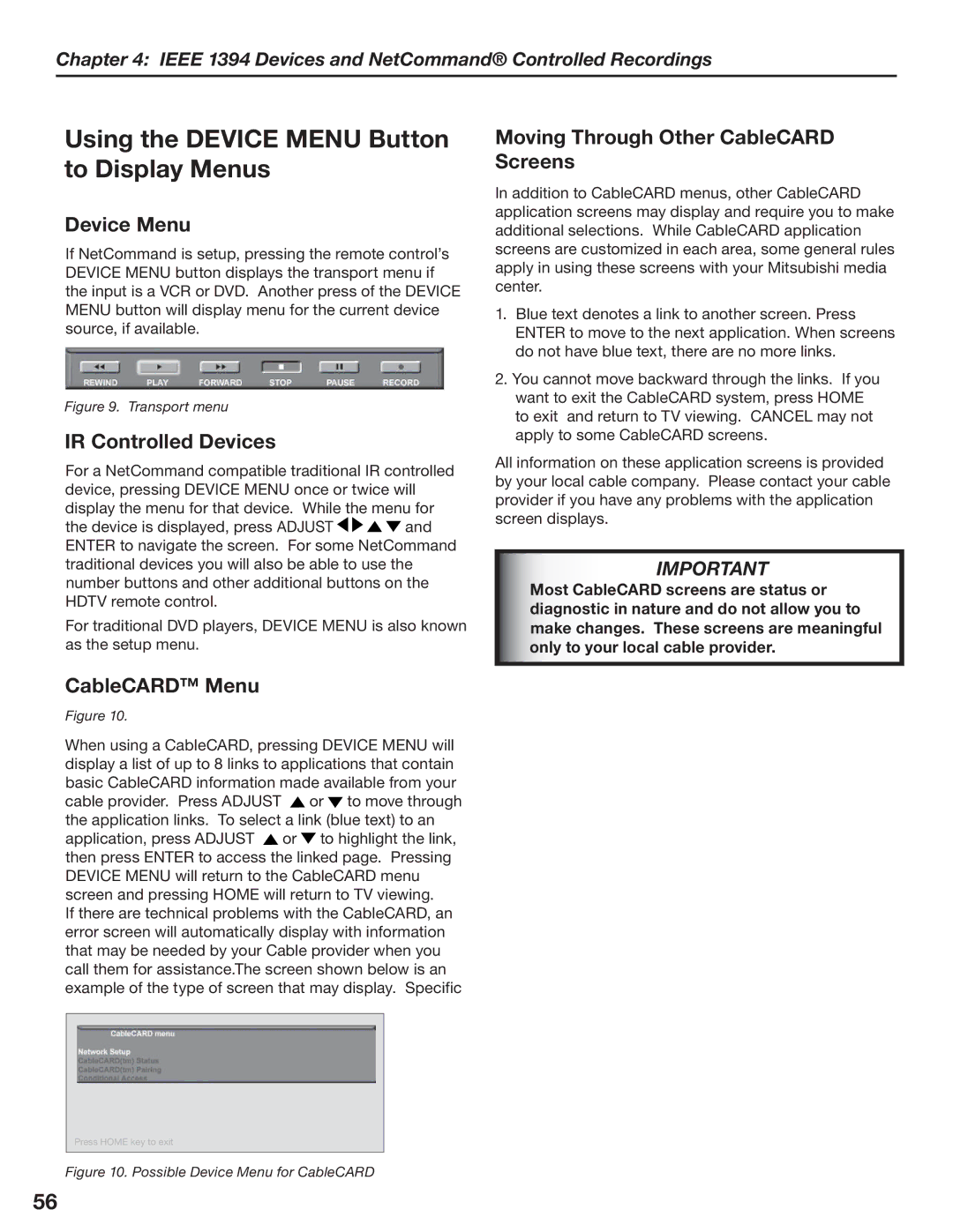 Mitsubishi Electronics LT-3280 manual Using the Device Menu Button to Display Menus, IR Controlled Devices, CableCARD Menu 