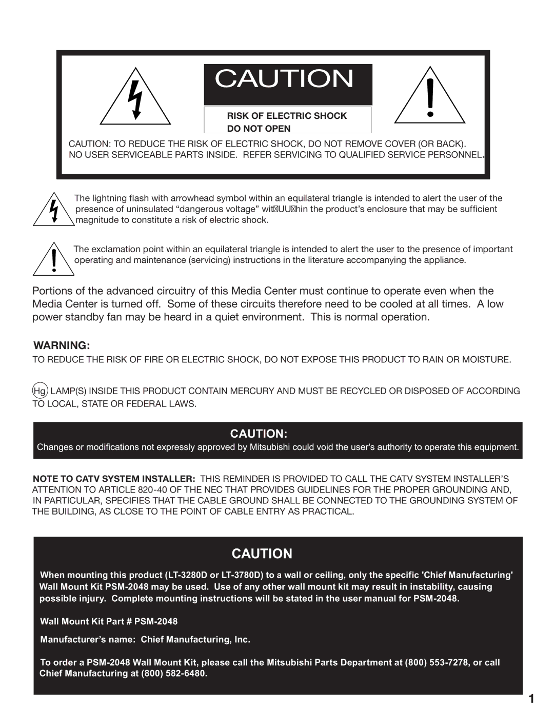 Mitsubishi Electronics LT-3780, LT-3280 manual Risk of Electric Shock Do not Open 