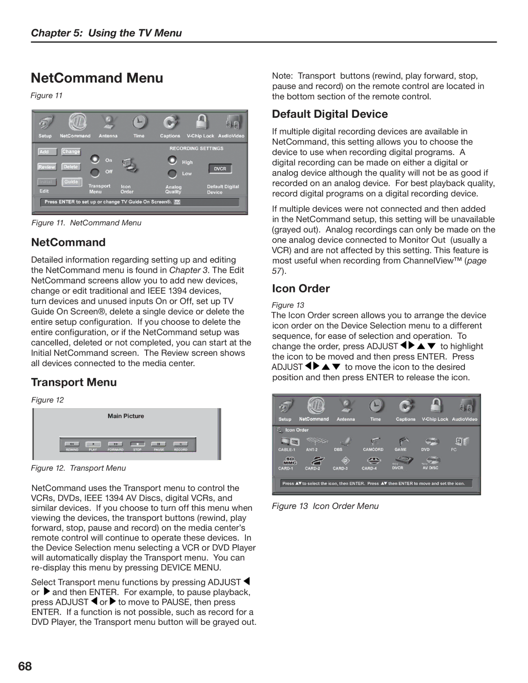 Mitsubishi Electronics LT-3280, LT-3780 manual NetCommand Menu, Transport Menu, Default Digital Device, Icon Order 