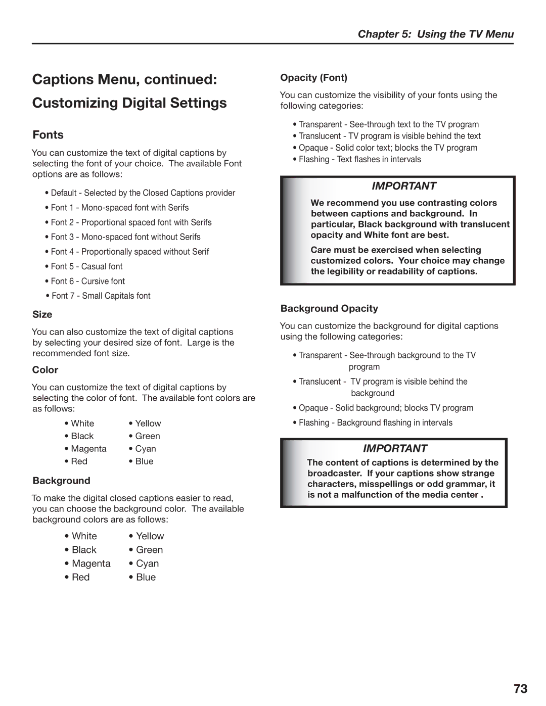 Mitsubishi Electronics LT-3780, LT-3280 manual Captions Menu Customizing Digital Settings, Fonts 