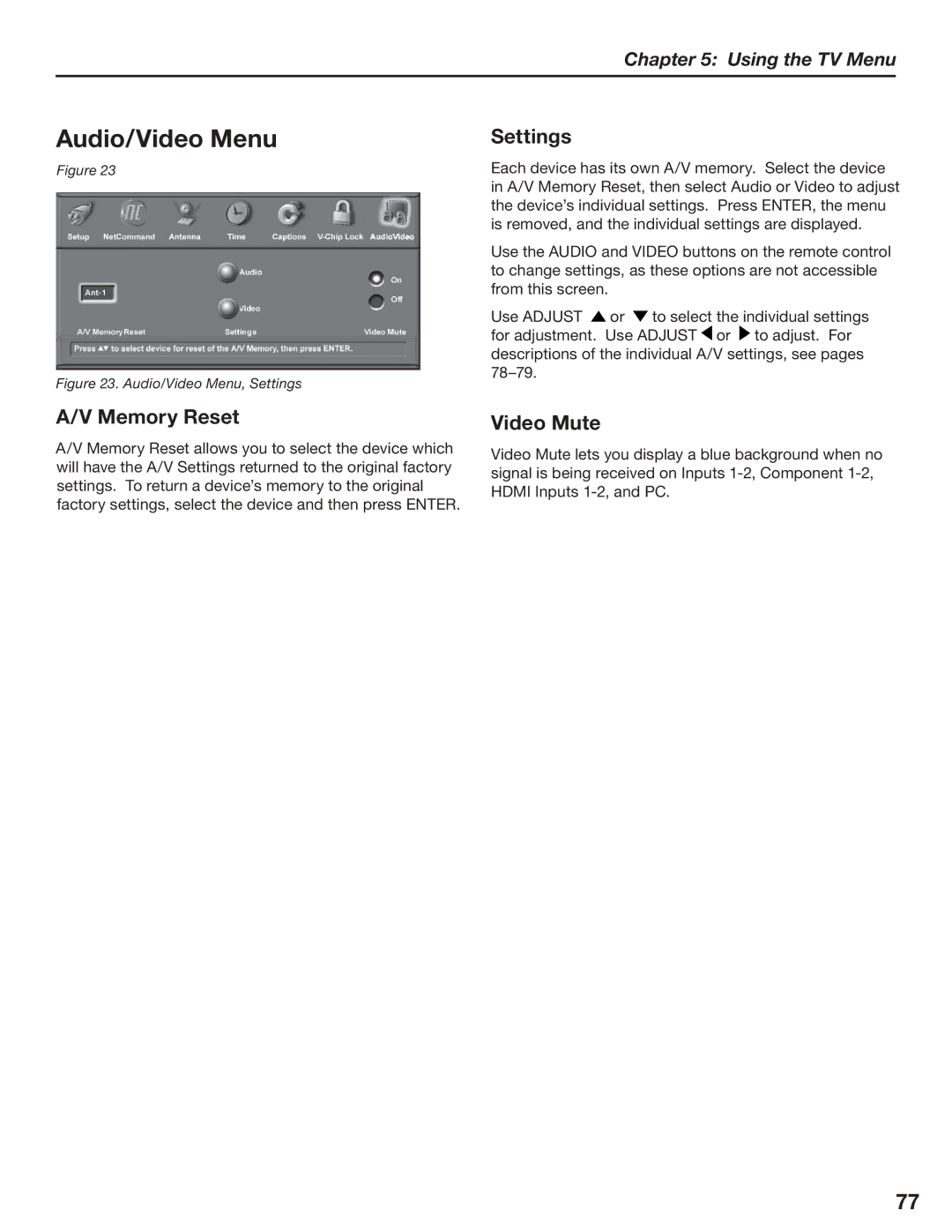 Mitsubishi Electronics LT-3780, LT-3280 manual Audio/Video Menu, Settings, Memory Reset, Video Mute 