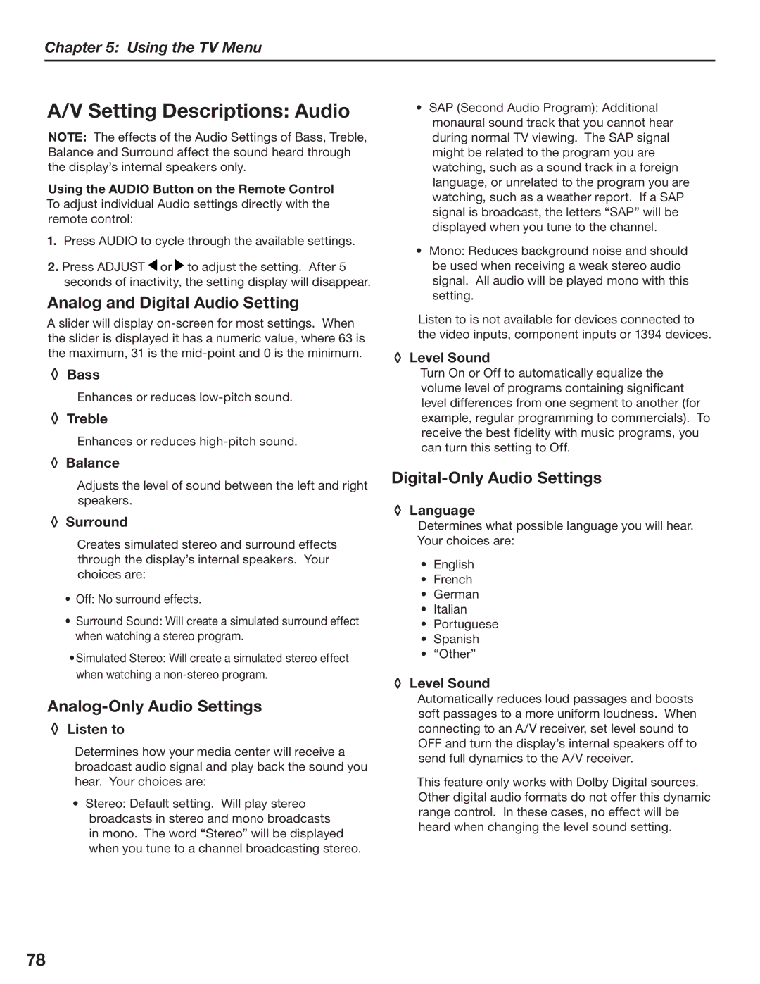 Mitsubishi Electronics LT-3280 Setting Descriptions Audio, Analog and Digital Audio Setting, Analog-Only Audio Settings 